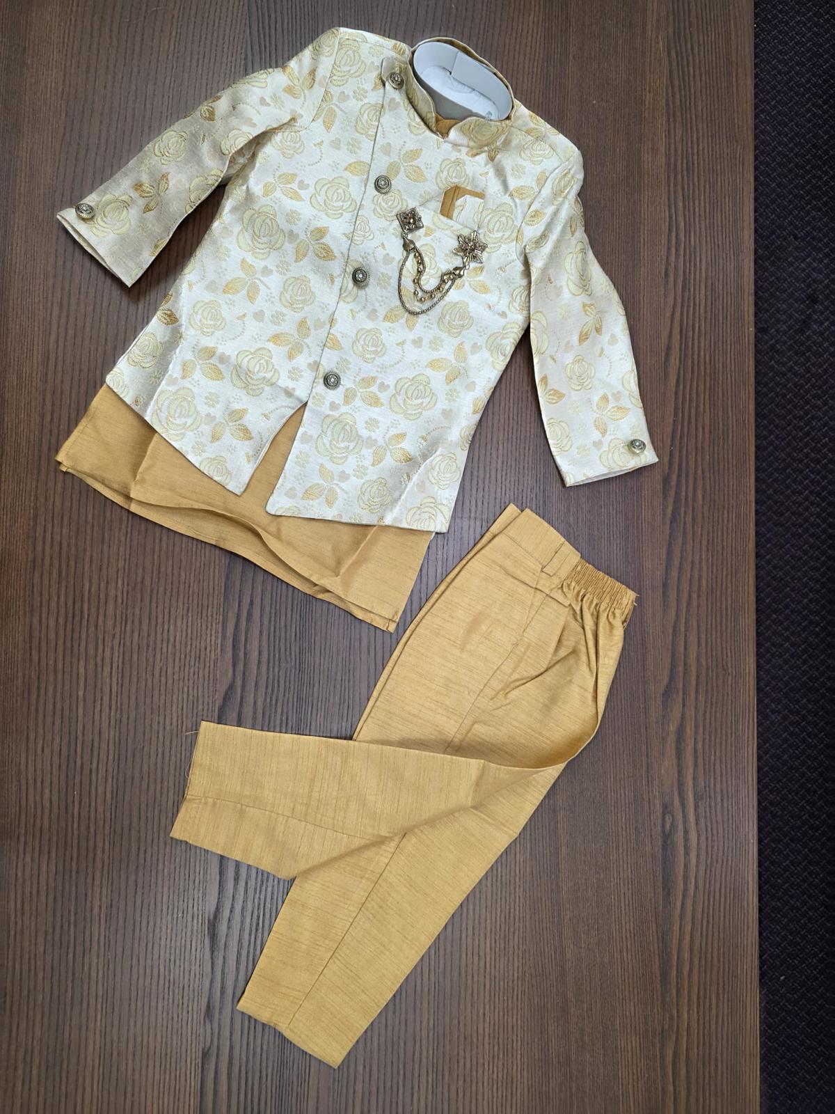 Kids Premium 3 Piece Kurta Pant with Jacket Gold Brocade