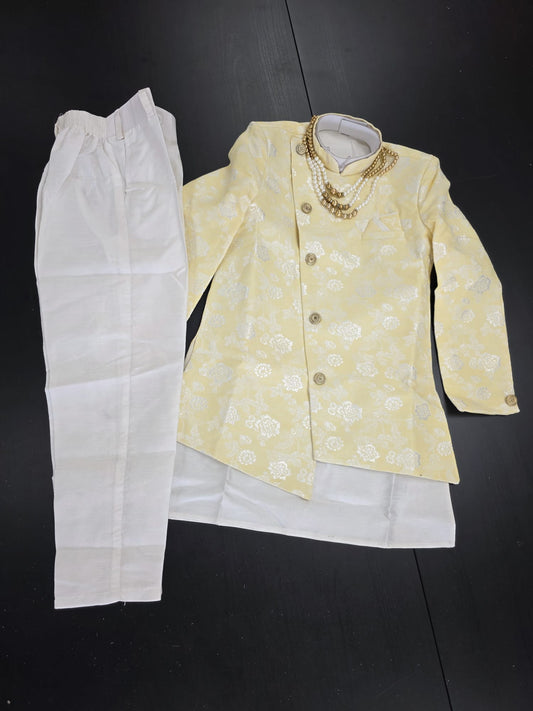 Kids Premium 3 Piece Kurta Pant with Jacket Cream Floral