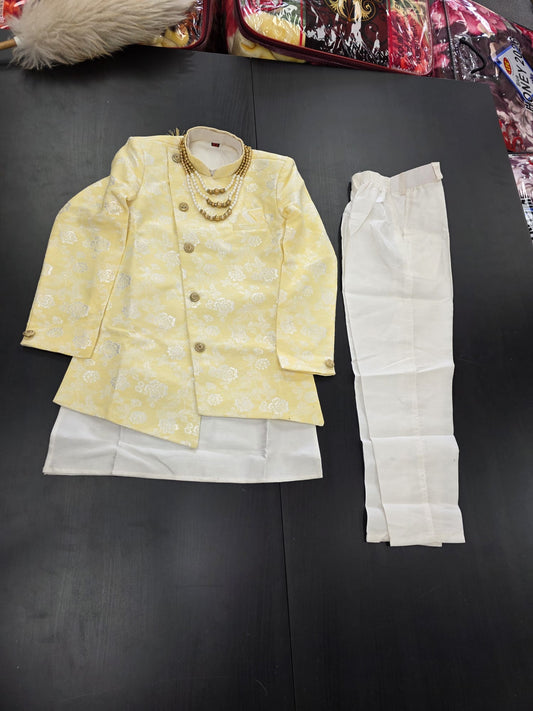 Kids Premium 3 Piece Kurta Pant with Jacket Cream Floral